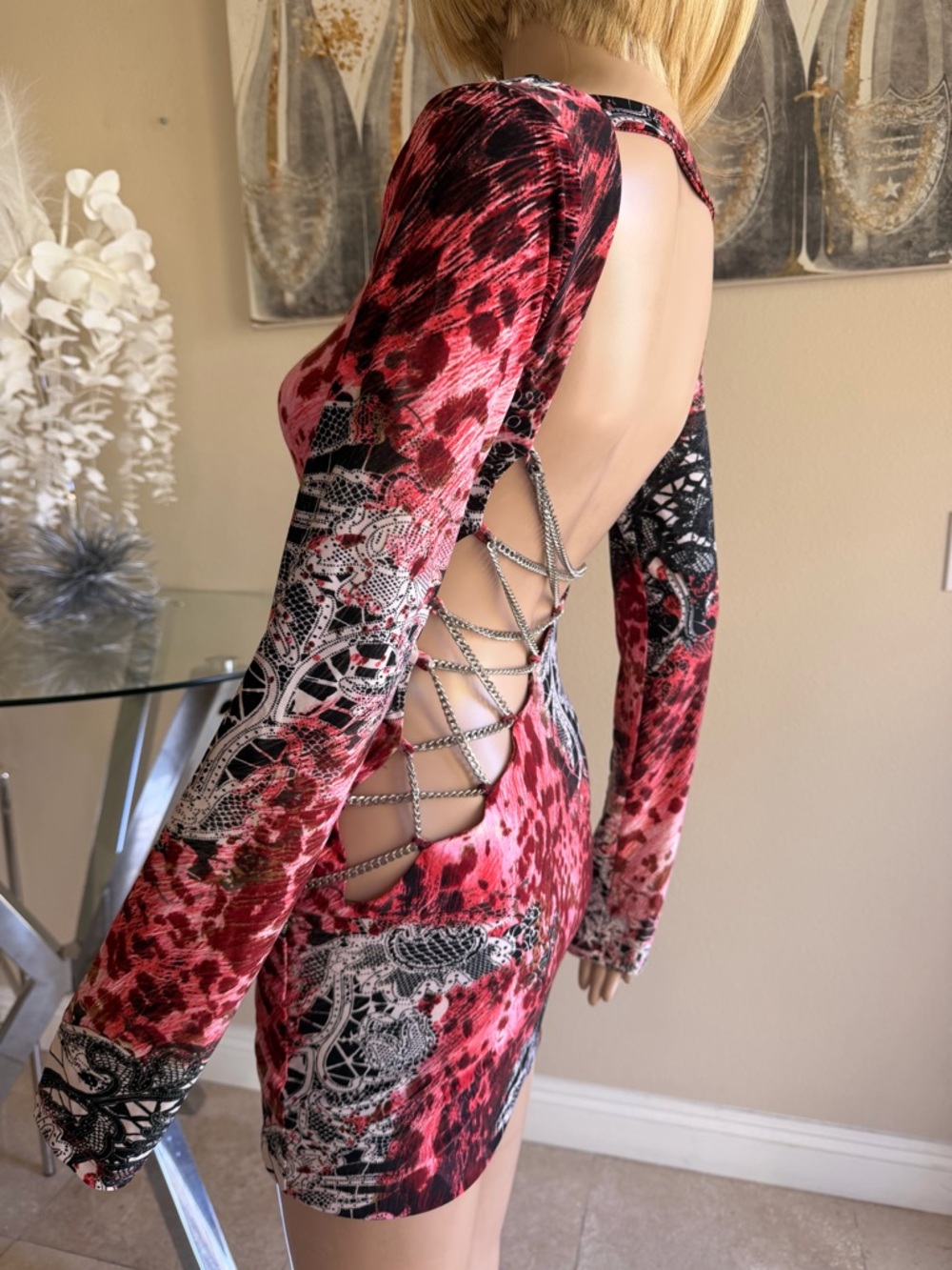 Red Patterned Chain Lace-Up Open-Back Mini Dress